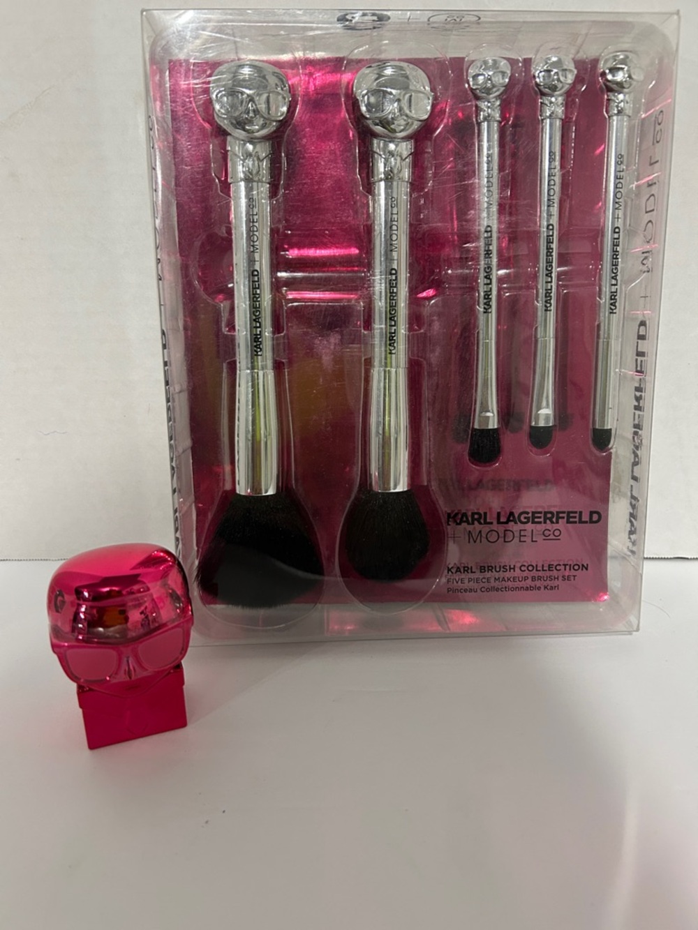 Karl Lagerfeld Silver Handle Makeup Brush Set with Pink Packaging
